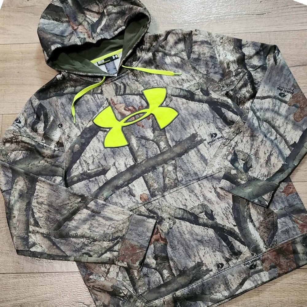 Under Armour Scent Control Mossy Oak Treestand Camo Hoodie Mens Medium Neon Logo